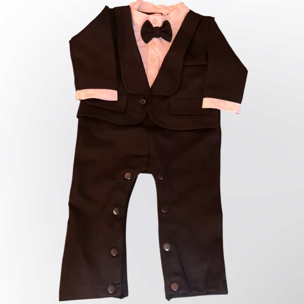 BABY BOY BLACK & WHITE TUXEDO ALL-IN-ONE SUIT WEDDING CHRISTENING FORMAL PARTY